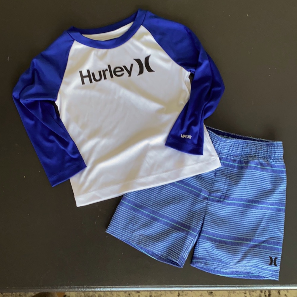 Hurley swim trunks and rash guard